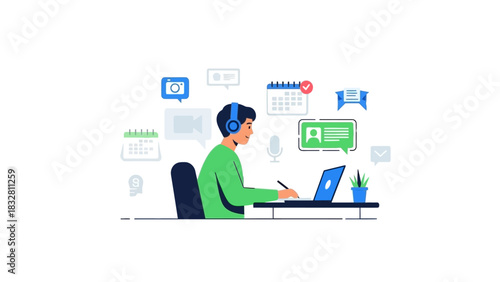Vector illustration concept of online education and distance work, featuring a character at a desk with a laptop and communication icons
