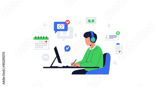 Dedicated virtual support specialist delivering efficient remote customer service and communication solutions in a dynamic digital workspace illustration