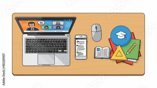Online Learning Workspace Laptop, Books, and Digital Tools for Education