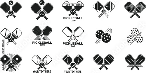 Collection of modern pickleball paddle and ball icons designed for sports branding, club logos, equipment labels, recreation graphics, and competitive game illustrations