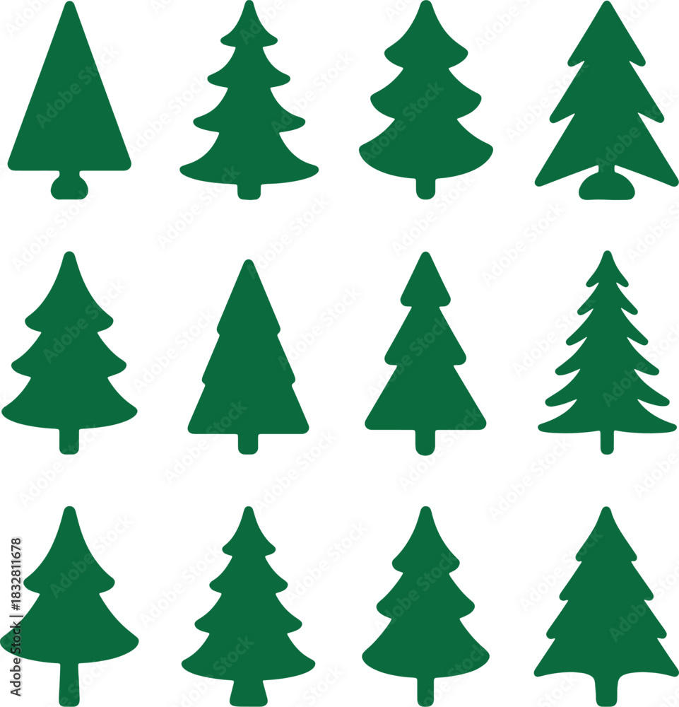 Obraz premium Collection of twelve green stylized christmas tree icons