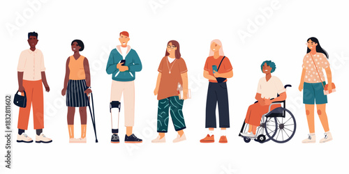 Diverse group of people with disabilities standing together in a row