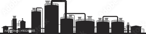 Black industrial factory silhouette with storage tanks pipes refinery towers and processing units in minimal flat graphic style for industrial design