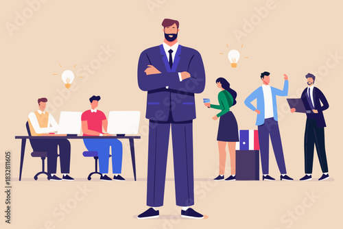 Confident business leader with team in modern office environment