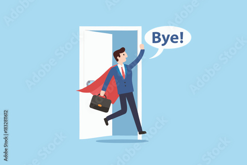 Superhero businessman leaving through door saying bye with cape and briefcase