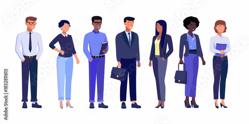 Diverse group of business professionals standing together on white background