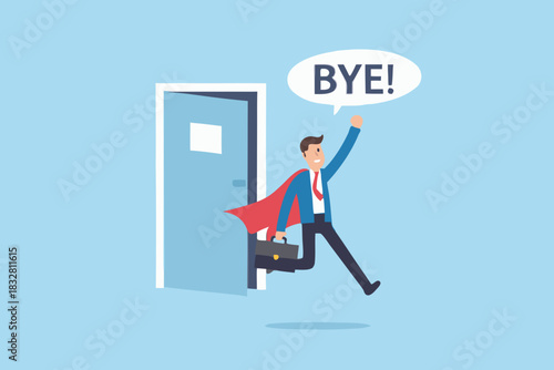 Superhero businessman leaping out of door saying goodbye