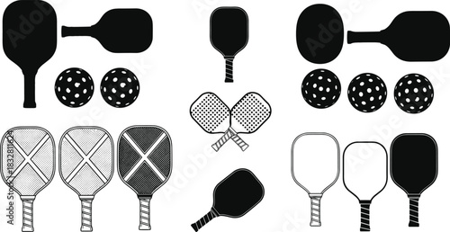 Collection of pickleball paddles and perforated balls in various styles and designs, ideal for sports graphics, equipment illustrations, and recreational game artwork