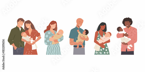 Diverse parents holding newborn babies illustration on white background