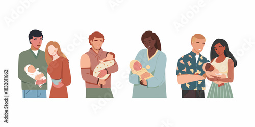 Diverse families with newborns parents holding babies of different ethnicities and skin tones