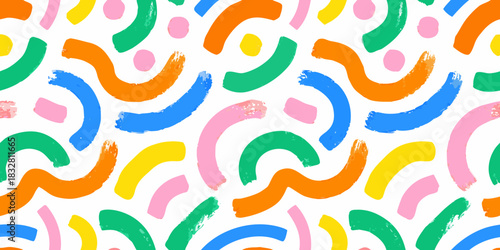 Abstract brushstroke seamless pattern with colorful arcs and dots on white