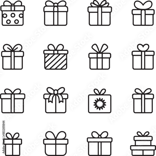 Collection of sixteen different line art icons representing gift box present