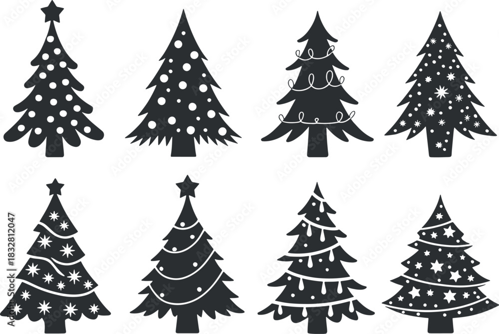 Obraz premium Collection of eight stylized black and white christmas tree silhouettes