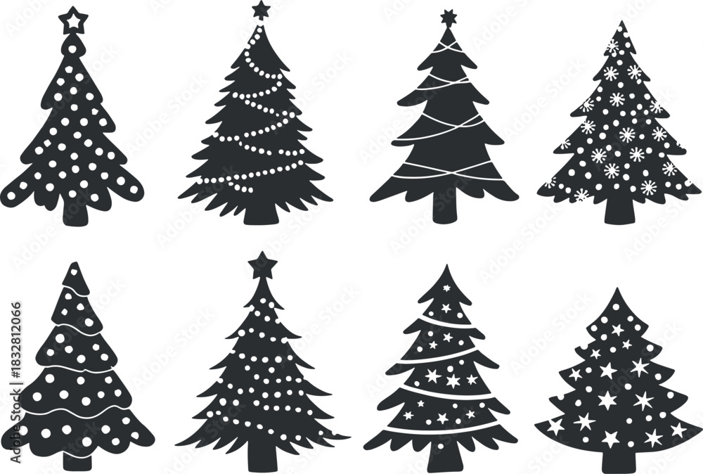 Obraz premium Black Silhouette Christmas Tree Icons Set – Minimal Holiday Evergreen Collection