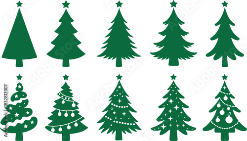 Set of ten green christmas tree icons in various shapes and styles