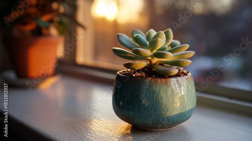 A Charming Echeveria Succulent Bathed in the Warm Glow of Sunset Light