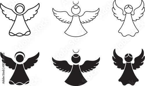 Set of six simple angel icon and silhouette vector illustrations
