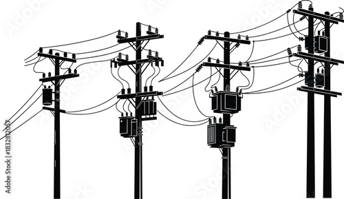 Detailed illustration of multiple electrical utility poles with power lines, transformers, cables, infrastructure, high voltage equipment, distribution system, and industrial grid design