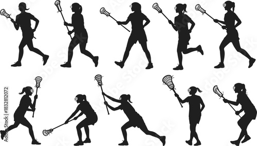 Dynamic female lacrosse player silhouettes showcasing running, passing, shooting, defending, athletic movement, competitive sports action, training poses, and game techniques