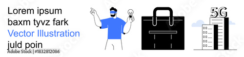 Business innovation, tech advancement, networking solutions, entrepreneurship, intellectual property, smart connectivity. A man holds a lightbulb, briefcase icon, and 5G network in a cityscape