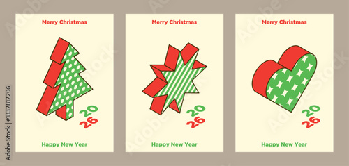 A set of Christmas cards in the simple isometric style design. Vector illustration.