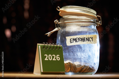 2026 desk calendar and savings jar with labeled emergency