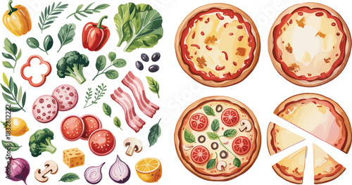 Flat illustration of pizza ingredients, toppings, dough bases, vegetable and meat elements, complete pizza set with slices, cooking preparation design