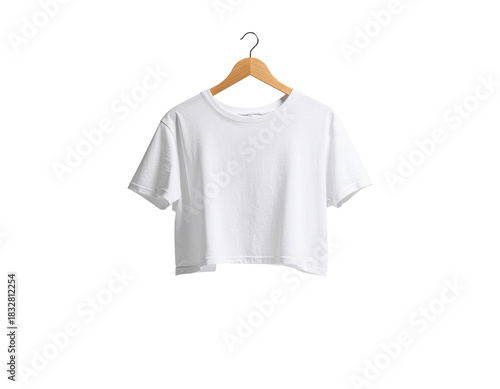 Casual white cropped T-shirt hanging on a wooden hanger with a transparent background