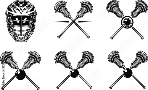 Lacrosse helmet and crossed sticks illustration, detailed sports equipment design featuring protective gear and ball elements for competitive lacrosse themes