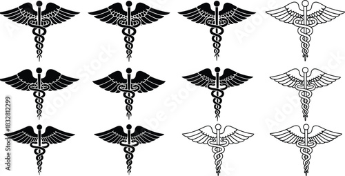 Medical caduceus symbol collection, healthcare emblem icons, hospital medicine logo set, doctor and pharmacy design elements for professional use