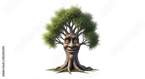 Whimsical anthropomorphic tree with a happy face isolated on a white background.