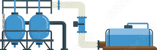 Industrial water filtration system illustration with pressure tanks, pipeline connection, purification unit, clean water processing equipment, modern environmental engineering design