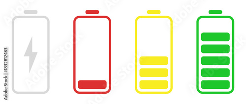 Battery level indicators vector design with multiple charge levels, clean minimal layout, modern interface elements, and device UI components for apps and digital projects.