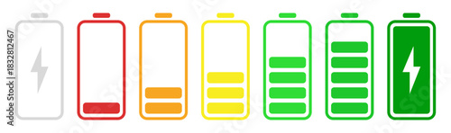 Battery level indicators vector design with multiple charge levels, clean minimal layout, modern interface elements, and device UI components for apps and digital projects.