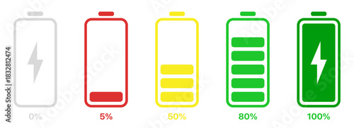 Battery level indicators vector design with multiple charge levels, clean minimal layout, modern interface elements, and device UI components for apps and digital projects.
