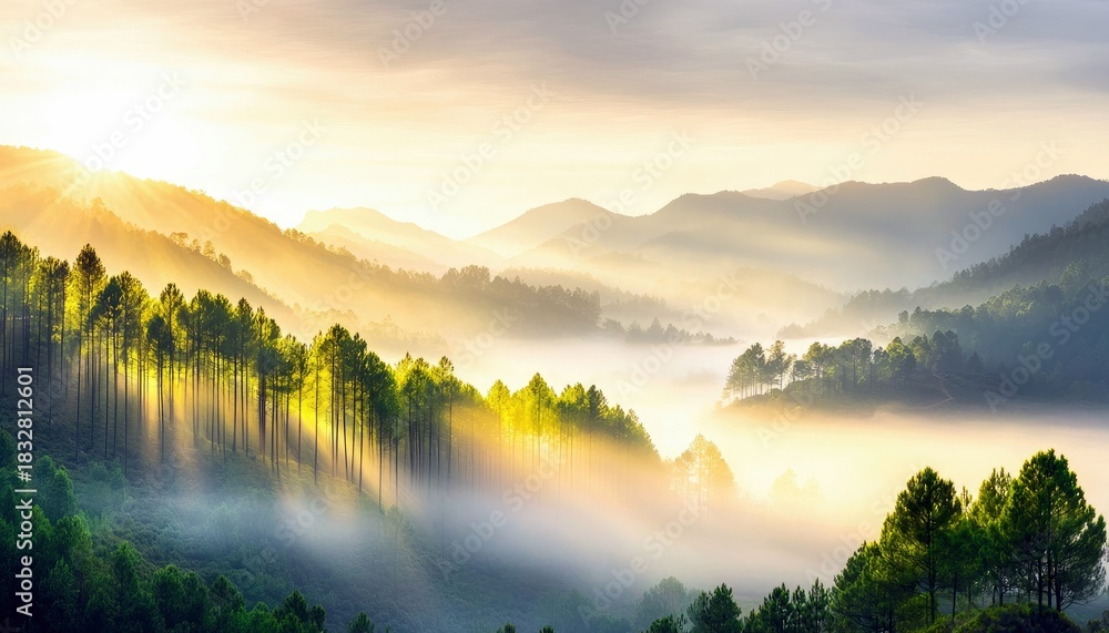 Fototapeta premium A scenic landscape featuring a forest of trees on a mountain, illuminated by the sun's rays, with fog in the valleys.