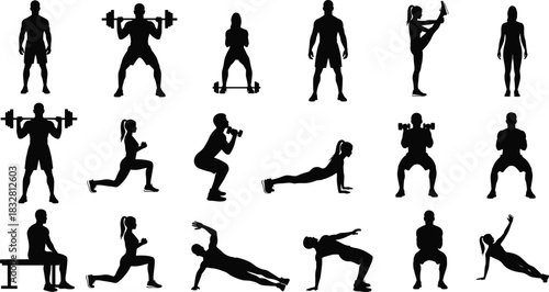 Silhouette collection of diverse fitness exercises showing strength training, stretching, bodyweight workouts, athletic poses, workout routines, gym activities, and healthy active lifestyle movements