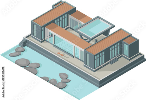 Isometric illustration of modern luxury house with pool, waterfront terrace, contemporary architecture design, 3D building exterior, elegant residential property graphic