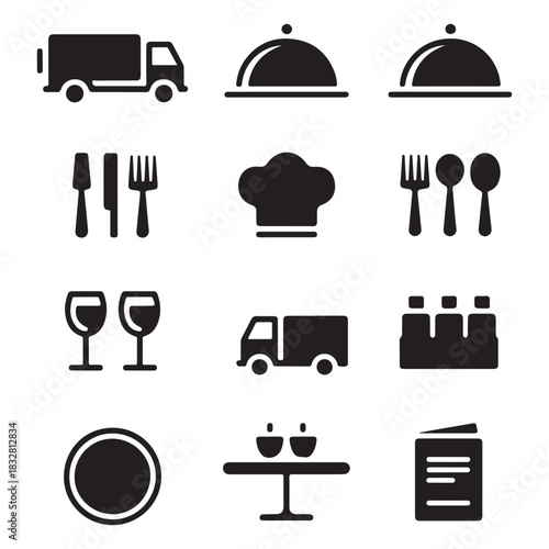 Catering line icon set vector. Catering service, food, delivery of ready meals, guest service, menu for event, banquet vector