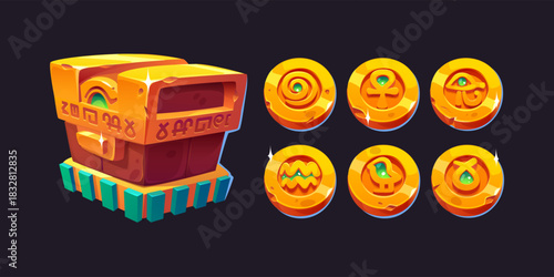 Ancient Egyptian treasure chest and gold coins