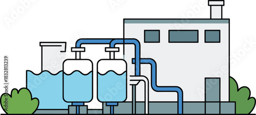 Minimal vector illustration of modern water treatment plant with filtration tanks, purification system, clean water process facility, industrial environmental engineering design