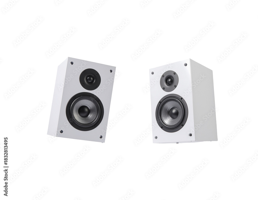 Fototapeta premium Pair of white bookshelf speakers with black drivers and a sleek modern design for audio playback