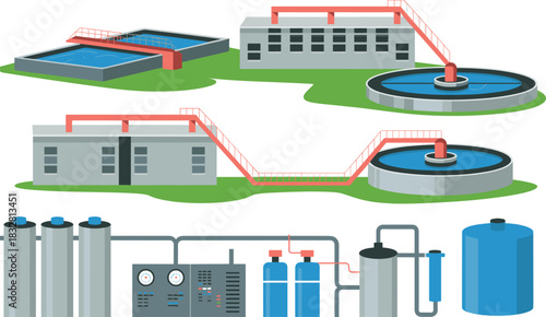 Modern water treatment plant illustration with filtration tanks, purification system, aeration pools, industrial facility layout, clean technology infrastructure graphic design