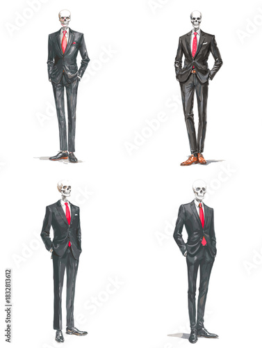 Stylish skeleton businessman in an elegant suit with red tie. Minimalist fashion illustration showing a modern corporate figure with a bold and artistic touch.