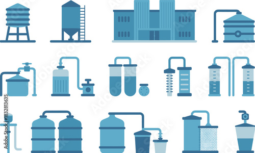 Set of industrial water treatment equipment icons with filtration tanks, chemical reactors, purification units, plant machinery, modern environmental engineering vector design