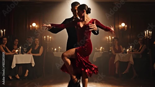 Elegant tango dancers in a dimly lit ballroom romantic dance performance concept