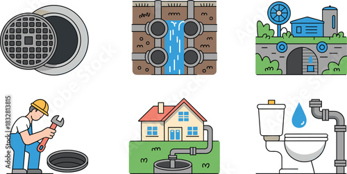 Set of plumbing and sewage system illustrations with pipes manhole plumber house drainage toilet leak and water infrastructure maintenance concept
