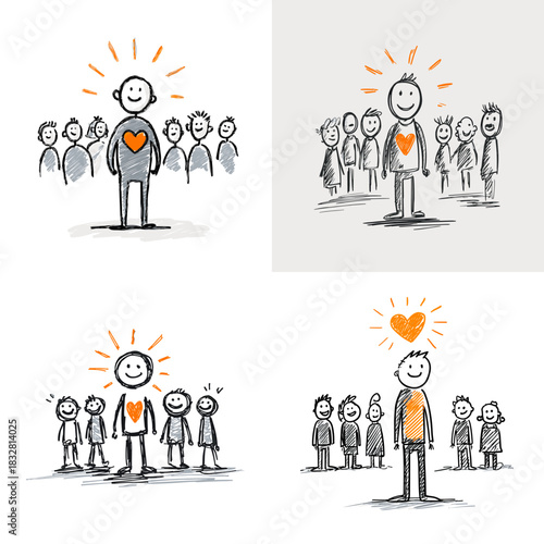 Hand drawn empathy leadership illustration showing positive individual with heart inspiring group teamwork compassion kindness motivation support trust and emotional intelligence concept.