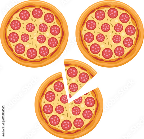 Set of three cartoon pepperoni pizzas with sliced pieces showing cheese toppings crust details perfect for food design menus and restaurant graphics