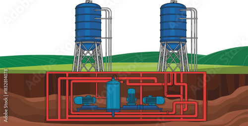 Technical illustration of underground water pump system with pipelines, storage tanks, pumping equipment, pressure vessels, rural groundwater supply infrastructure design